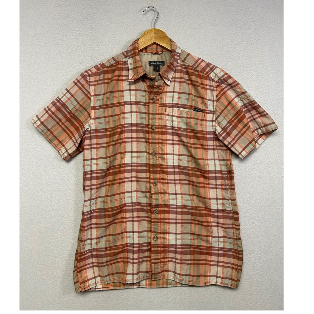 Outdoor Gorpcore Eddie Bauer Mens Size S Orange Plaid Short Sleeve Button Shirt